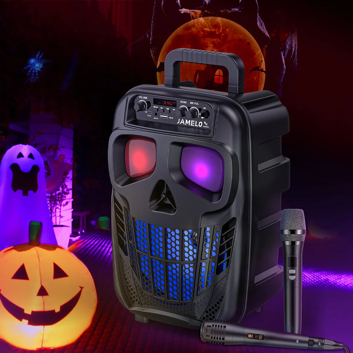 JAMELO Portable Skull Bluetooth Karaoke Machine, with 2 Microphones Rechargeable Speaker Karaoke PA System Supports USB, Karaoke System for Adults/Kids Christmas Home Party Birthday Gifts, Music Lovers Girls Boys Friends Gift