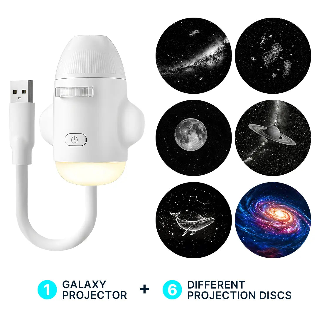 Modern 3-In-1 Portable Galaxy Projector with 6 Projection Films, PVC Body, 360° Brightness Adjust, USB Power, Eye-Caring LED Night Light for Adults' Bedrooms, Homes - Ideal Gift