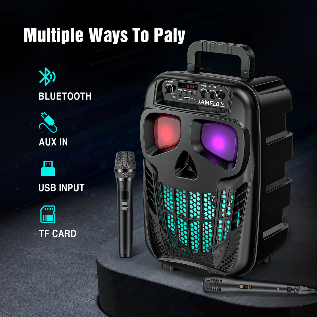 JAMELO Portable Skull Bluetooth Karaoke Machine, with 2 Microphones Rechargeable Speaker Karaoke PA System Supports USB, Karaoke System for Adults/Kids Christmas Home Party Birthday Gifts, Music Lovers Girls Boys Friends Gift