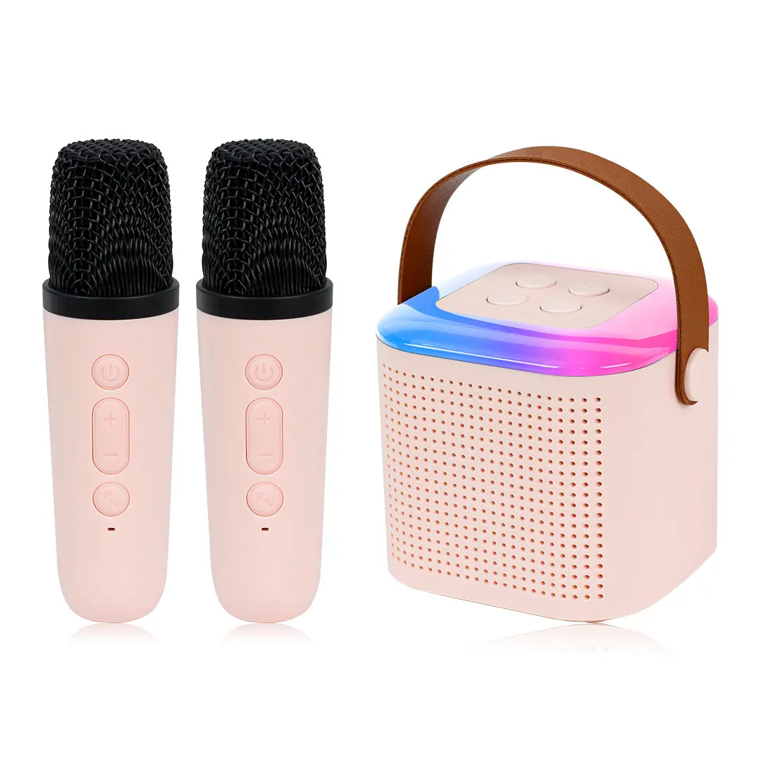 Mini Karaoke Machine, Portable Bluetooth Karaoke Speaker with 2 Wireless Microphones and Colorful Lights, Gifts for Birthday Party Home KTV Christmas Gift, Pink