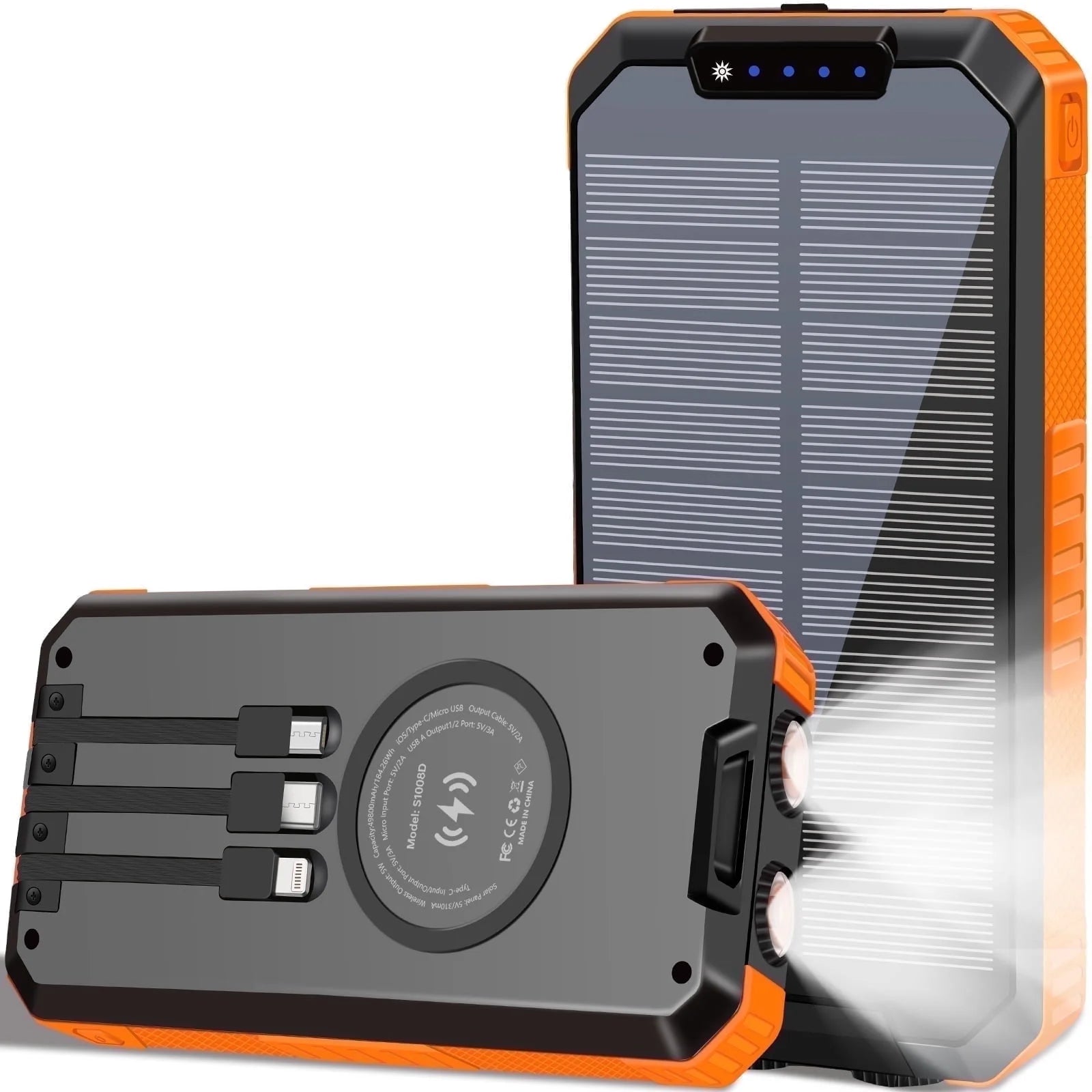 49800Mah Solar Power Bank Portable Solar Charger Built in 3 Cables and 5W Wireless Charger Power Bank,Built-In Super Bright Flashlight,Battery Pack Suitable for Outdoor Camping Hiking(Orange﻿)