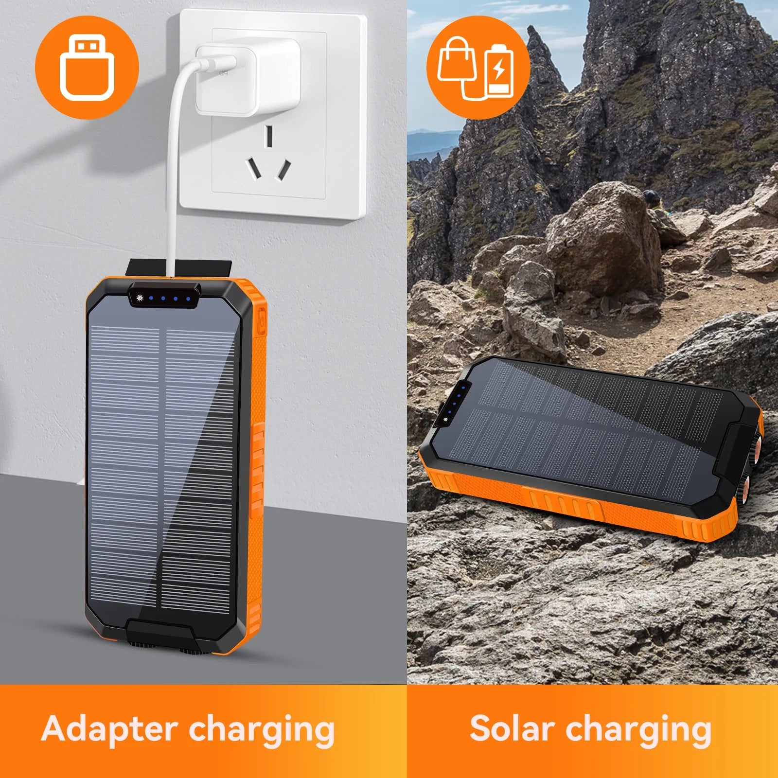 49800Mah Solar Power Bank Portable Solar Charger Built in 3 Cables and 5W Wireless Charger Power Bank,Built-In Super Bright Flashlight,Battery Pack Suitable for Outdoor Camping Hiking(Orange﻿)