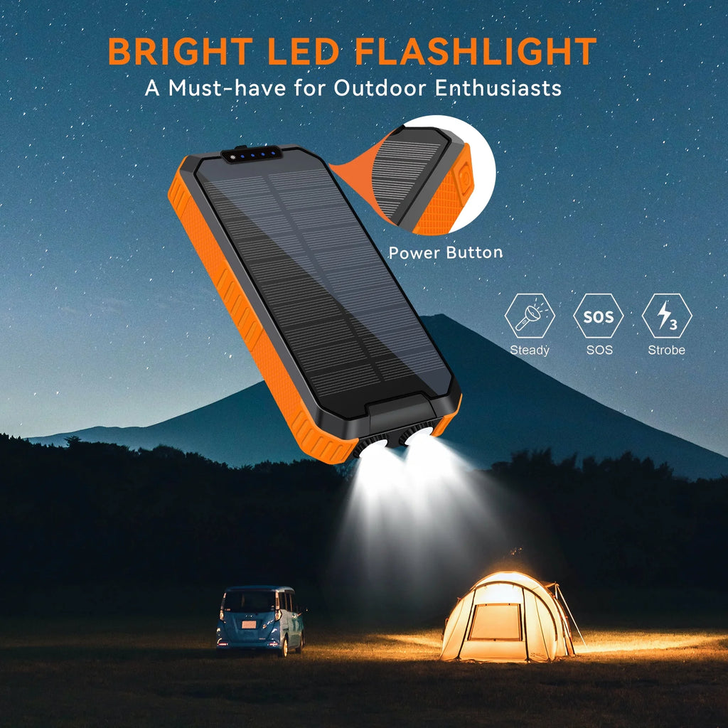 49800Mah Solar Power Bank Portable Solar Charger Built in 3 Cables and 5W Wireless Charger Power Bank,Built-In Super Bright Flashlight,Battery Pack Suitable for Outdoor Camping Hiking(Orange﻿)