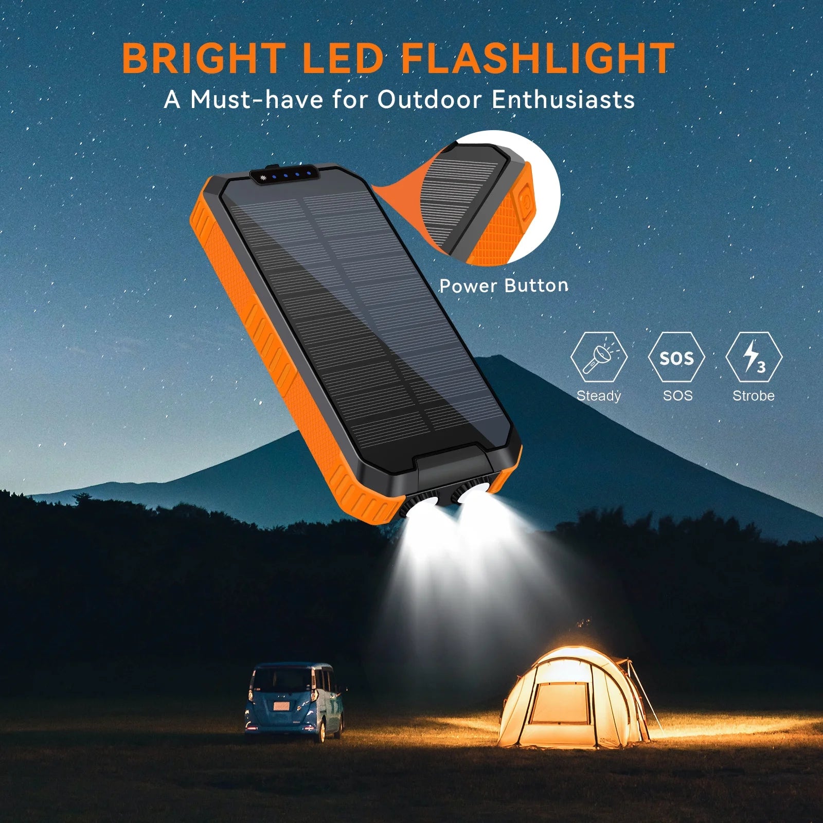 49800Mah Solar Power Bank Portable Solar Charger Built in 3 Cables and 5W Wireless Charger Power Bank,Built-In Super Bright Flashlight,Battery Pack Suitable for Outdoor Camping Hiking(Orange﻿)