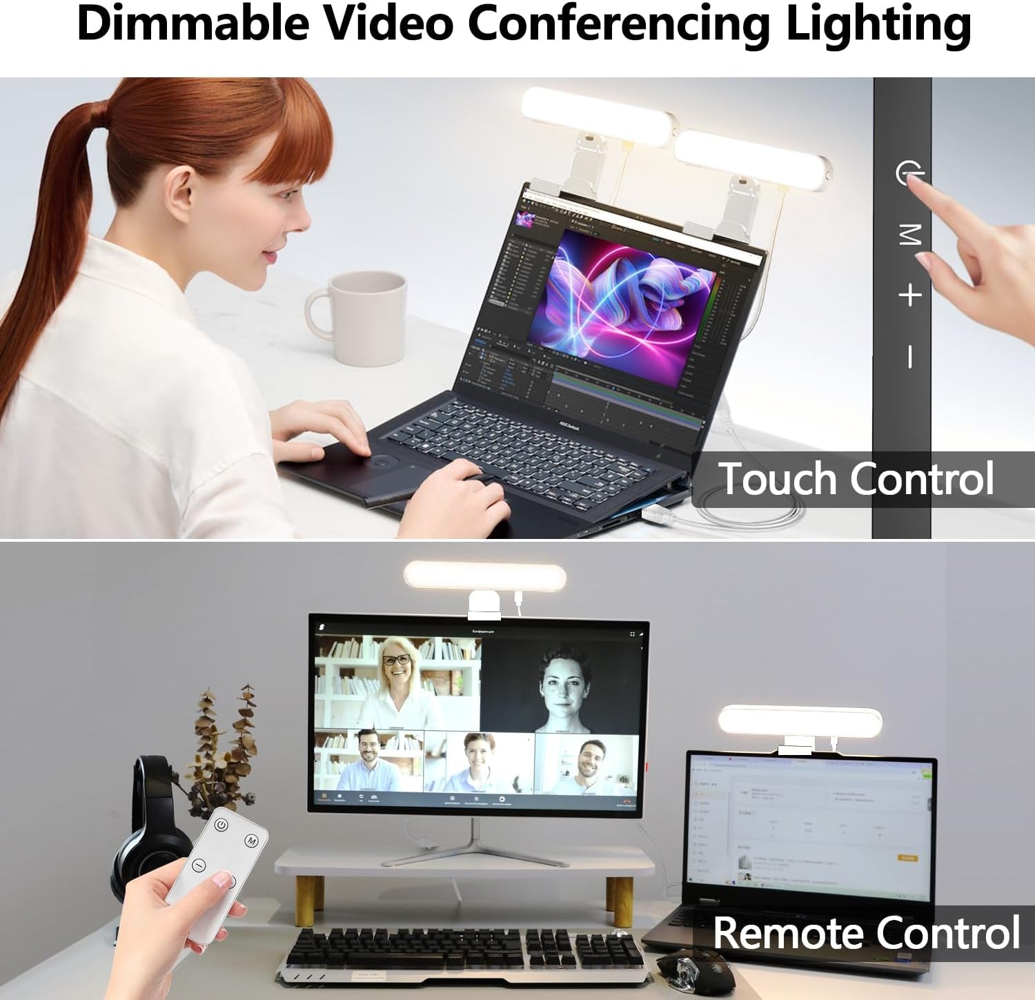 Dual-Lamp Video Conference Lighting, LED Streaming Light with Remote and Touch Control, Zoom Lighting for Computer,Webcam Laptop Monitor Ring Light for Video Calls/Zoom Meetings (White)
