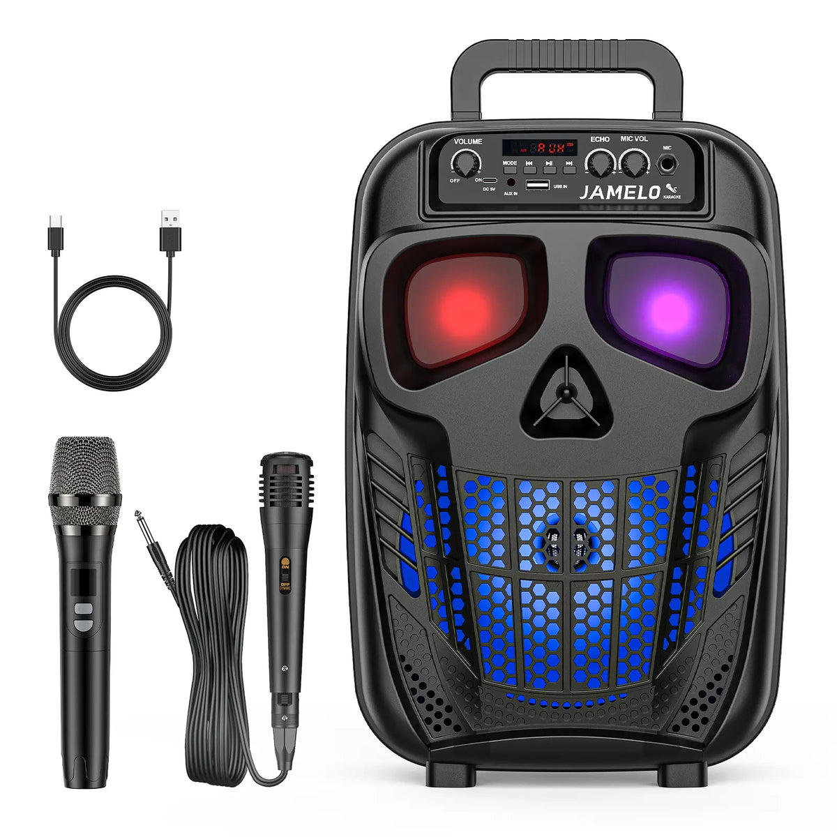 JAMELO Portable Skull Bluetooth Karaoke Machine, with 2 Microphones Rechargeable Speaker Karaoke PA System Supports USB, Karaoke System for Adults/Kids Christmas Home Party Birthday Gifts, Music Lovers Girls Boys Friends Gift