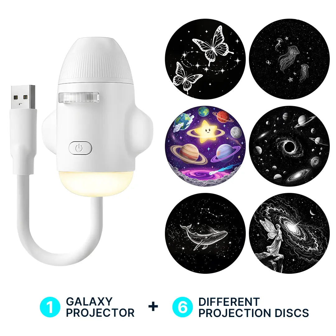 Modern 3-In-1 Portable Galaxy Projector with 6 Projection Films, PVC Body, 360° Brightness Adjust, USB Power, Eye-Caring LED Night Light for Adults' Bedrooms, Homes - Ideal Gift