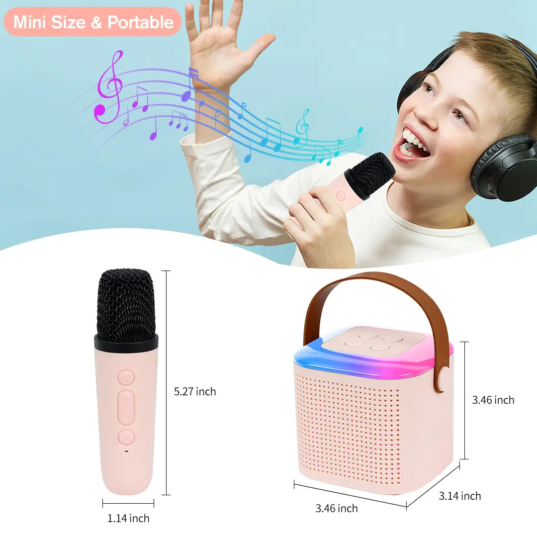 Mini Karaoke Machine, Portable Bluetooth Karaoke Speaker with 2 Wireless Microphones and Colorful Lights, Gifts for Birthday Party Home KTV Christmas Gift, Pink