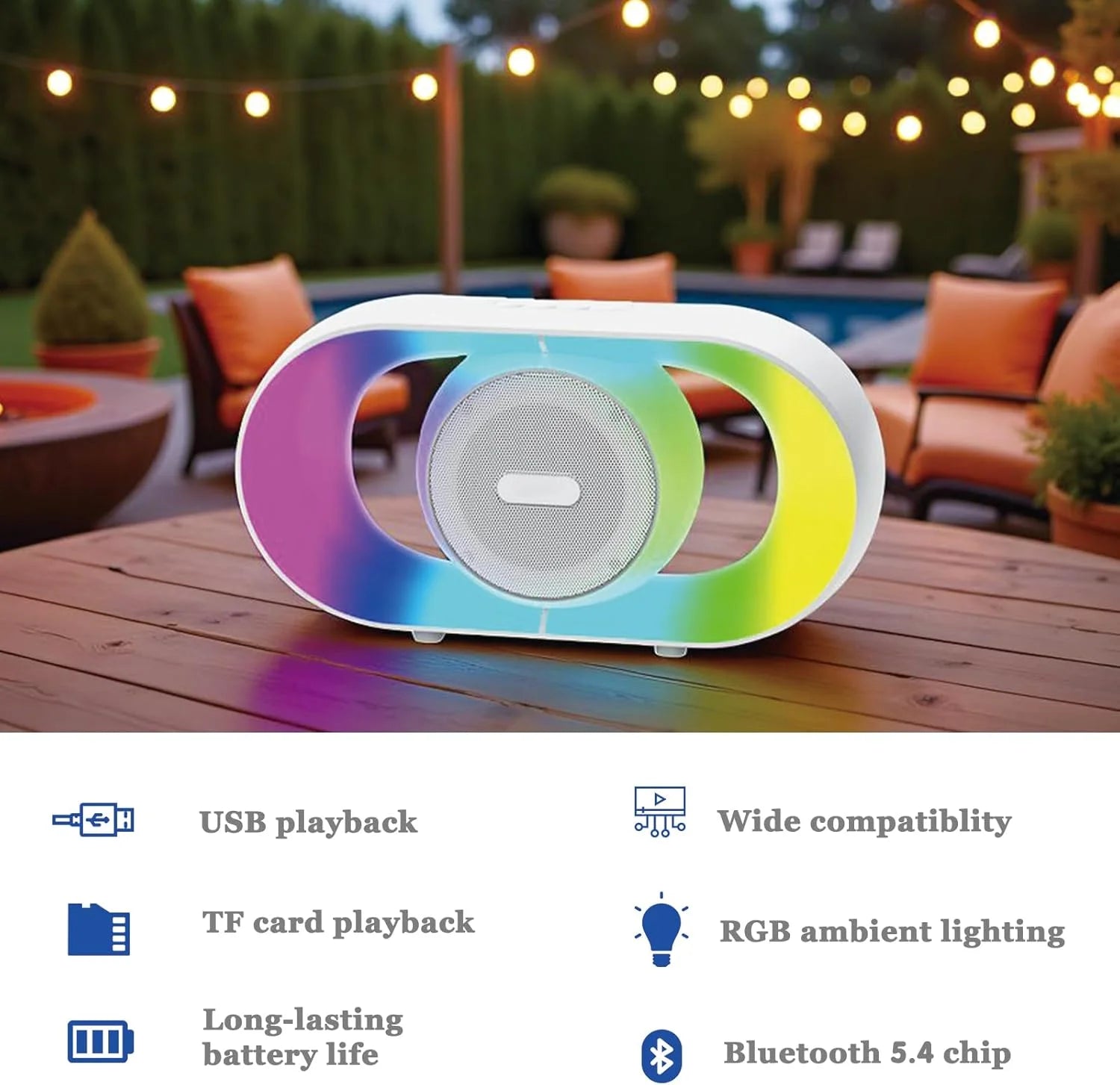 Portable Bluetooth Speaker, Wireless MP3 Music Player with RGB Lighting, Tf-Card Wireless BT 5.3 Dual Stereo Pairing Wireless Speaker for Outdoor, Home, Party, Beach, Shower